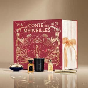 Guerlain Advent Calendar 2025 in gold and red design featuring 25 luxury mini perfumes, skincare, makeup and candles.