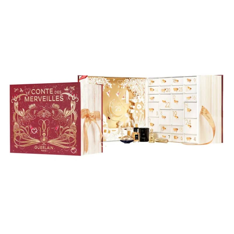 Guerlain Advent Calendar 2025 in gold and red design featuring 25 luxury mini perfumes, skincare, makeup and candles.