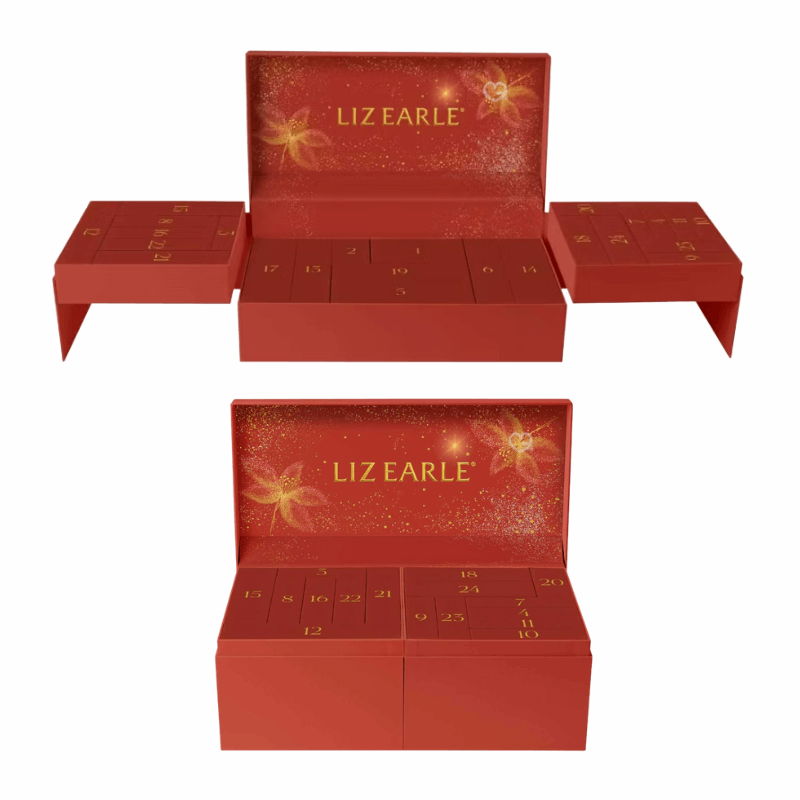 Liz Earle Advent Calendar 2025 in festive green design with 24 skincare icons, full sizes and luxury minis.