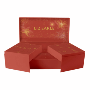 Liz Earle Advent Calendar 2025 in festive green design with 24 skincare icons, full sizes and luxury minis.