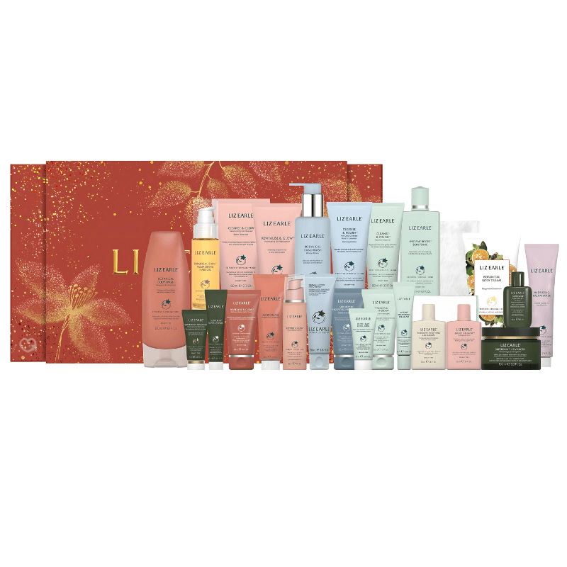 Liz Earle Advent Calendar 2025 in festive green design with 24 skincare icons, full sizes and luxury minis.