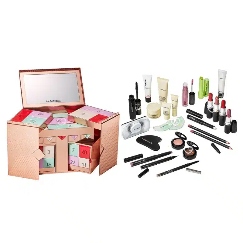 MAC Cosmetics Advent Calendar 2025 with 24 beauty surprises including lipsticks, eyeshadows, skincare, gua sha and festive treats for makeup lovers.