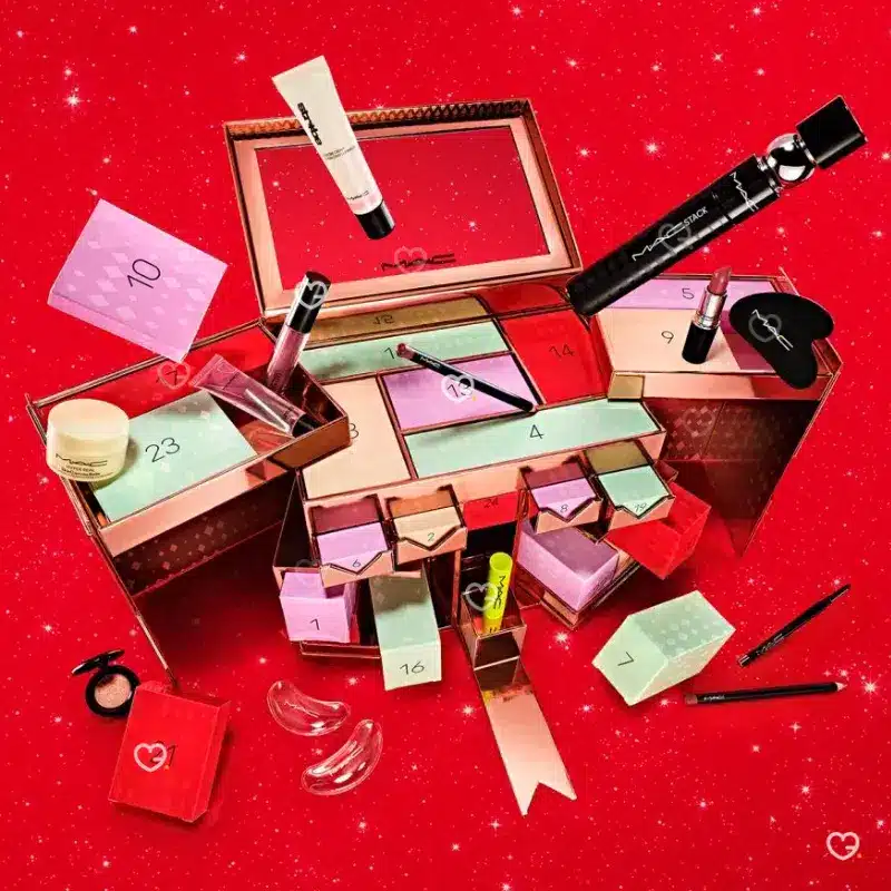 MAC Cosmetics Advent Calendar 2025 with 24 beauty surprises including lipsticks, eyeshadows, skincare, gua sha and festive treats for makeup lovers.