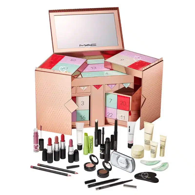 MAC Cosmetics Advent Calendar 2025 with 24 beauty surprises including lipsticks, eyeshadows, skincare, gua sha and festive treats for makeup lovers.