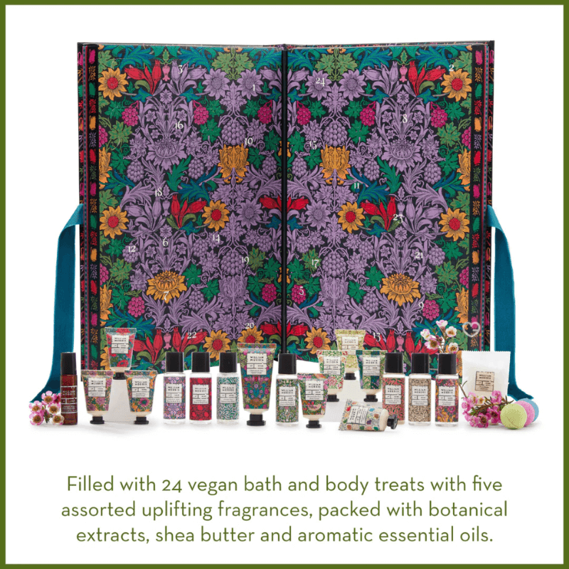 William Morris Advent Calendar 2025 featuring 24 vegan bath and body treats in art-inspired packaging, perfect for beauty lovers.