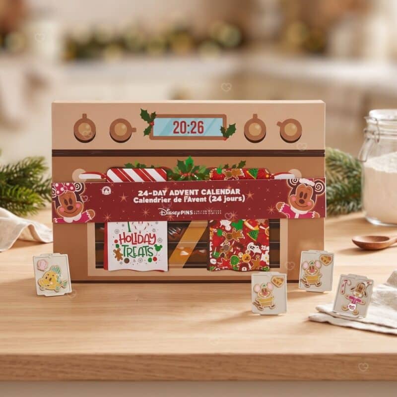Disney Mystery Pin Advent Calendar 2026 oven box on a festive kitchen worktop with collectable pins