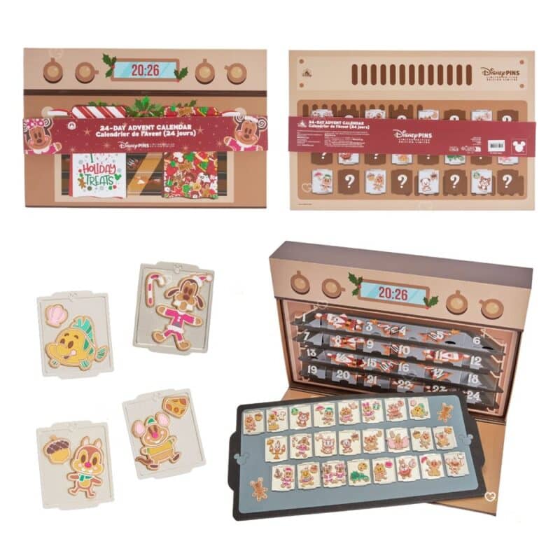 Full contents of the Disney Mystery Pin Advent Calendar 2026: oven case, baking-tray display board and enamel pin badges