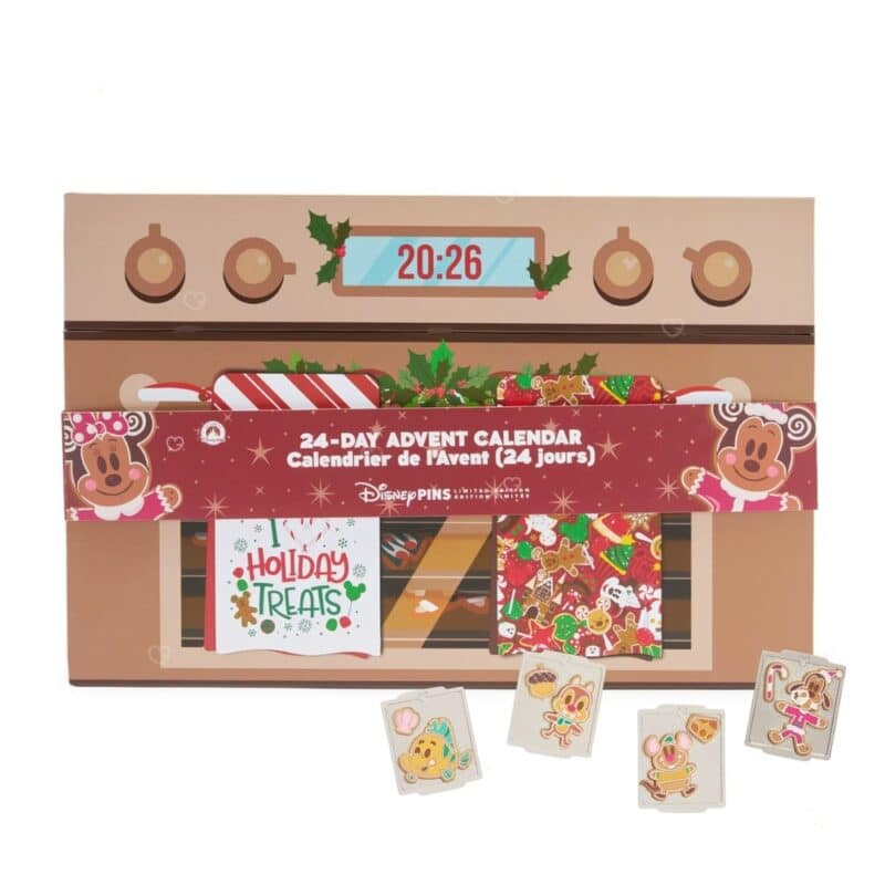 Disney Mystery Pin Advent Calendar 2026 on white with four revealed gingerbread character pins