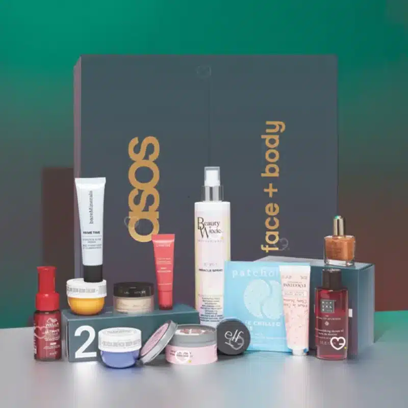 Asos - Face + Body Advent Calendar 2025 with 25 beauty treats including skincare, makeup, haircare and accessories for beauty lovers.