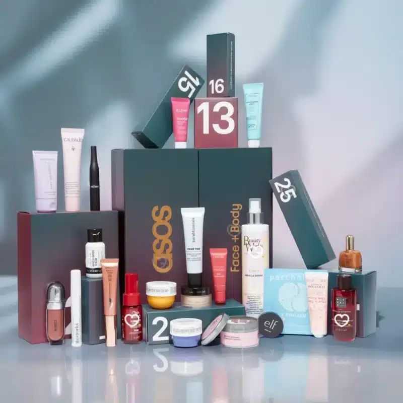 Asos - Face + Body Advent Calendar 2025 with 25 beauty treats including skincare, makeup, haircare and accessories for beauty lovers.