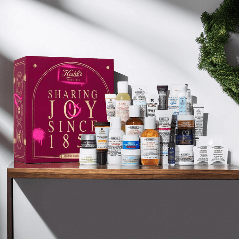 Kiehl's Advent Calendar 2025 with 24 bestselling skincare essentials including Ultra Facial Cream, masks and moisturisers, perfect for beauty lovers.