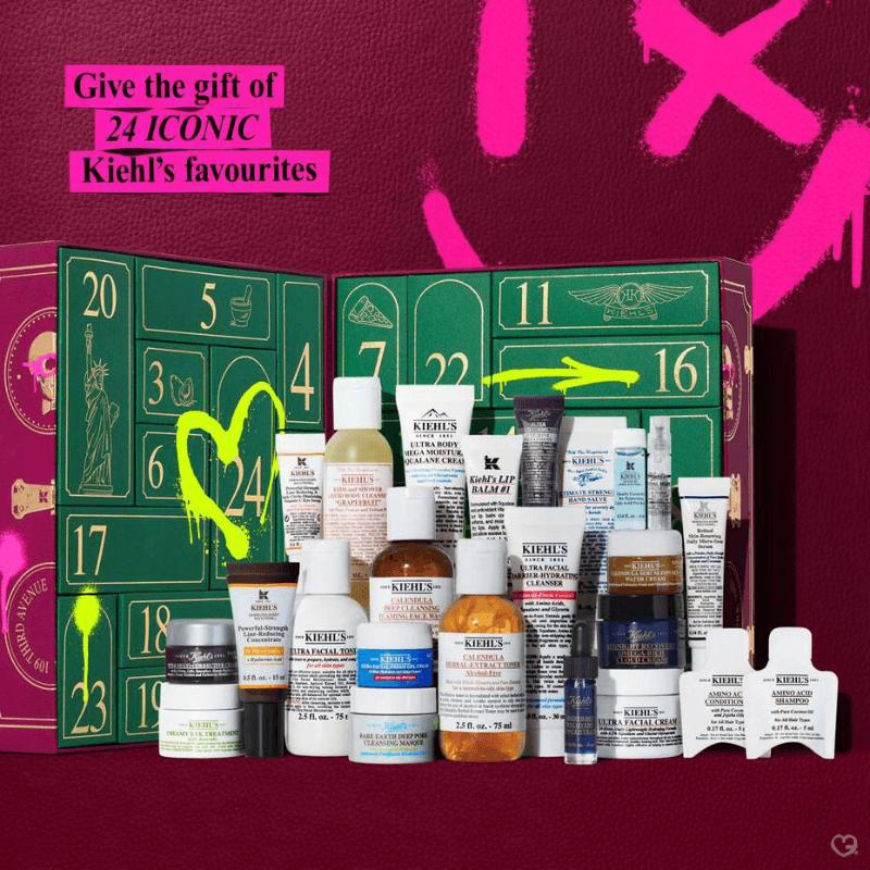 Kiehl's Advent Calendar 2025 with 24 bestselling skincare essentials including Ultra Facial Cream, masks and moisturisers, perfect for beauty lovers.