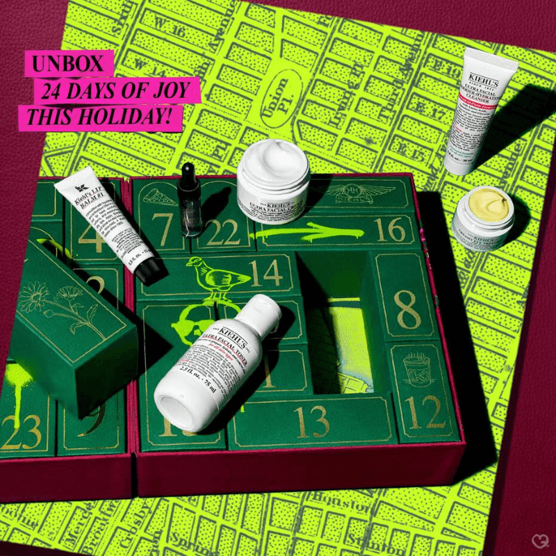 Kiehl's Advent Calendar 2025 with 24 bestselling skincare essentials including Ultra Facial Cream, masks and moisturisers, perfect for beauty lovers.