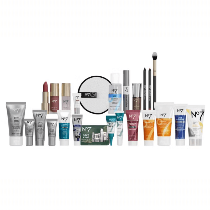 No7 Advent Calendar 2025 with 25 days of beauty, 10 full-size products, best-selling serum, Future Renew skincare and Pro Artist makeup for beauty enthusiasts.