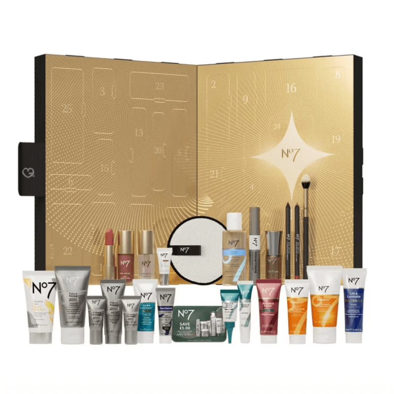 No7 Advent Calendar 2025 with 25 days of beauty, 10 full-size products, best-selling serum, Future Renew skincare and Pro Artist makeup for beauty enthusiasts.