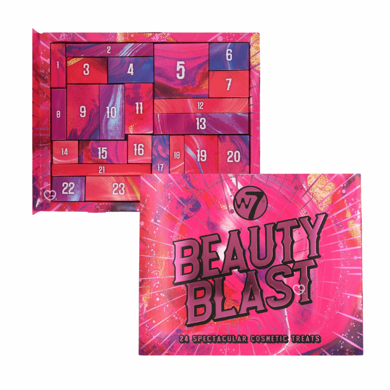 W7 Beauty Blast Advent Calendar 2025 with 24 makeup surprises including lipsticks, bronzers, mascara and festive gifts for women.