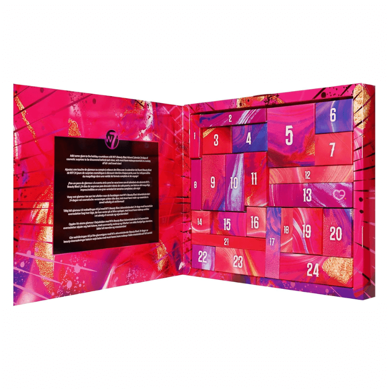 W7 Beauty Blast Advent Calendar 2025 with 24 makeup surprises including lipsticks, bronzers, mascara and festive gifts for women.