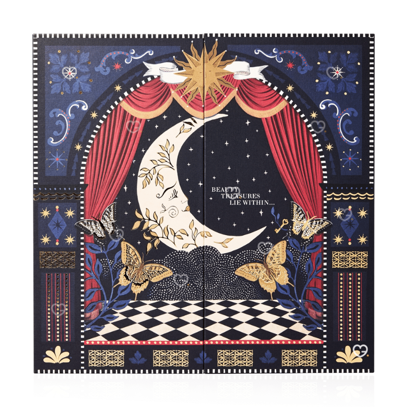 John Lewis advent calendar 2025 - includes 36 full and deluxe-size beauty products packaged in a beautiful navy blue box with cabaret atmosphere