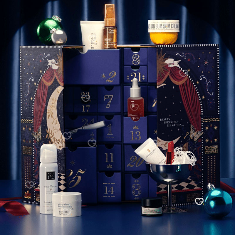 John Lewis advent calendar 2025 - includes 36 full and deluxe-size beauty products packaged in a beautiful navy blue box with cabaret atmosphere