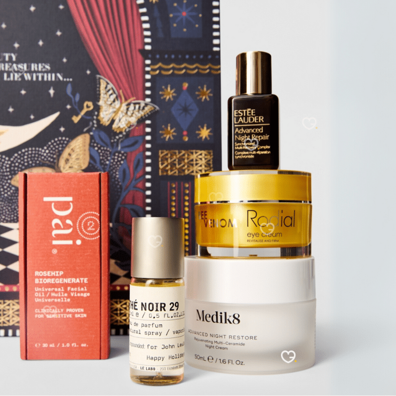 John Lewis advent calendar 2025 - includes 36 full and deluxe-size beauty products packaged in a beautiful navy blue box with cabaret atmosphere