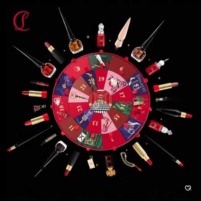 Christian Louboutin Advent Calendar 2025 with 24 luxury beauty treats including perfumes, lipsticks, nail polish and charms for affluent beauty lovers.