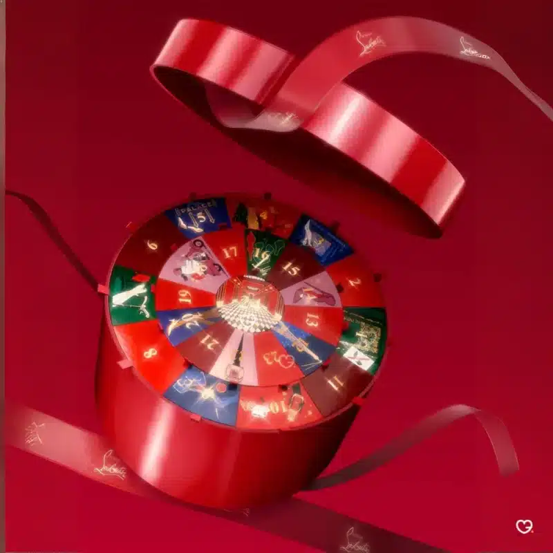 Christian Louboutin Advent Calendar 2025 with 24 luxury beauty treats including perfumes, lipsticks, nail polish and charms for affluent beauty lovers.