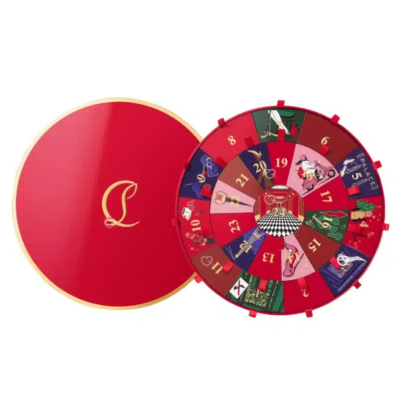 Christian Louboutin Advent Calendar 2025 with 24 luxury beauty treats including perfumes, lipsticks, nail polish and charms for affluent beauty lovers.