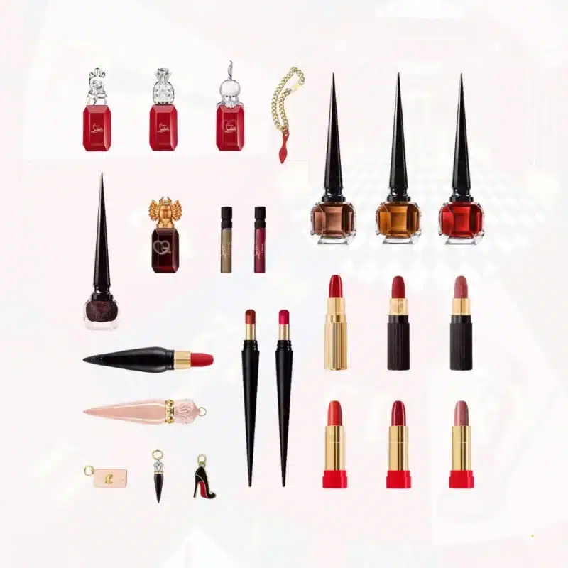 Christian Louboutin Advent Calendar 2025 with 24 luxury beauty treats including perfumes, lipsticks, nail polish and charms for affluent beauty lovers.