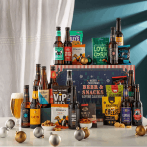 John Lewis Beer & Snack Advent Calendar 2025 with 24 craft beers and gourmet snacks in festive packaging, perfect for adult beer lovers.