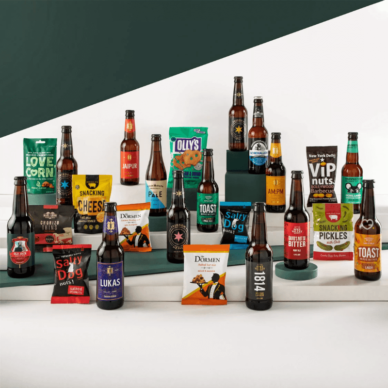 John Lewis Beer & Snack Advent Calendar 2025 with 24 craft beers and gourmet snacks in festive packaging, perfect for adult beer lovers.