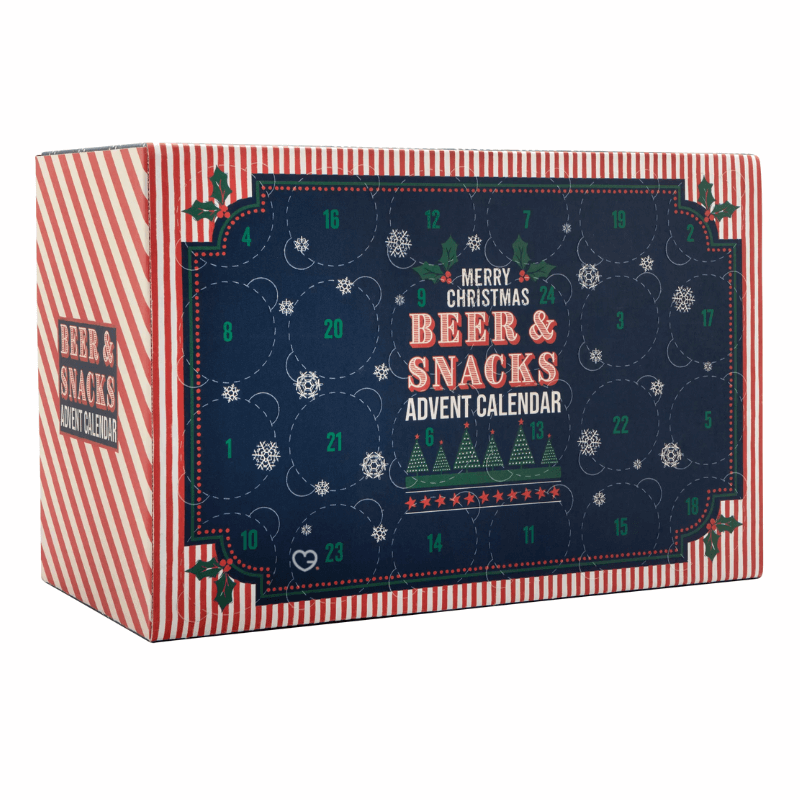 John Lewis Beer & Snack Advent Calendar 2025 with 24 craft beers and gourmet snacks in festive packaging, perfect for adult beer lovers.