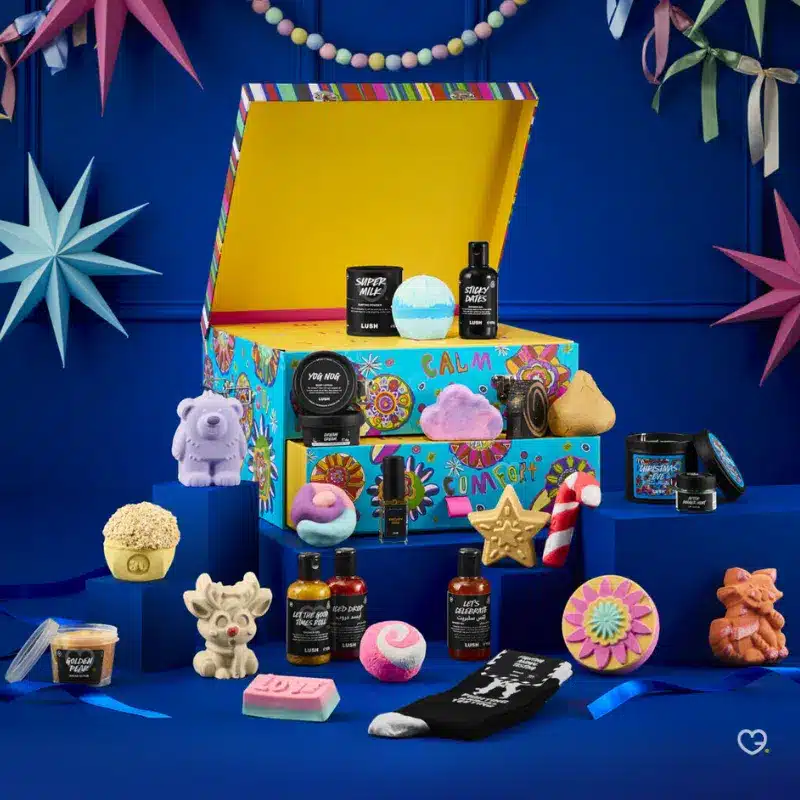Lush Advent Calendar 2025 with 25 hand-selected beauty treats in vibrant festive packaging, perfect for ethical self-care gift buyers.