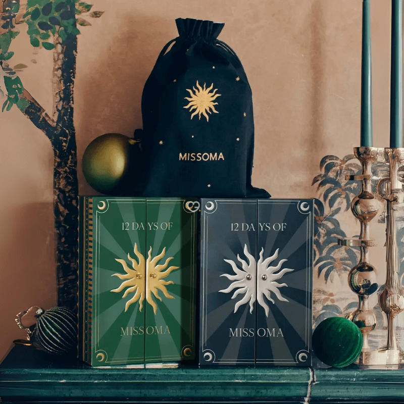 Missoma Advent Calendar 2025 in festive box with 12 jewellery pieces and a £50 gift card for seasonal gifting.