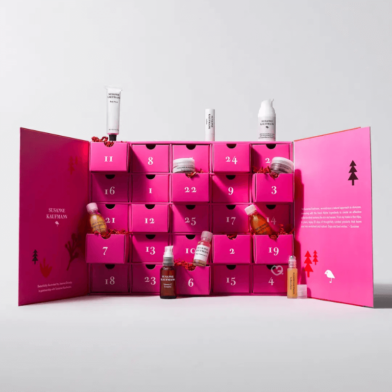 Susanne Kaufmann Advent Calendar 2025 with 25 luxury skincare treats like Herbal Whey Bath and De-stress Oil, perfect for beauty lovers.