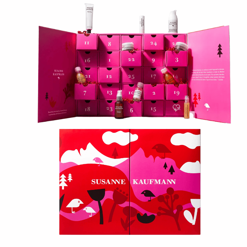 Susanne Kaufmann Advent Calendar 2025 with 25 luxury skincare treats like Herbal Whey Bath and De-stress Oil, perfect for beauty lovers.
