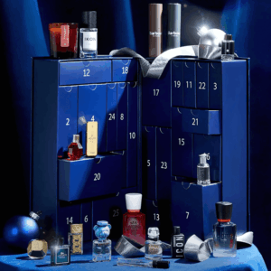The Fragrance Shop Advent Calendar 2025 in festive blue box with 25 luxury mini perfumes and a gift voucher.