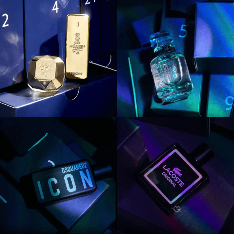 The Fragrance Shop Advent Calendar 2025 in festive blue box with 25 luxury mini perfumes and a gift voucher.