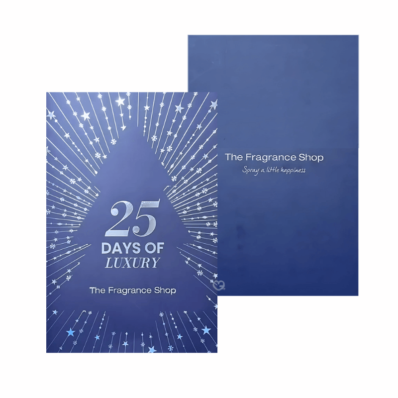 The Fragrance Shop Advent Calendar 2025 in festive blue box with 25 luxury mini perfumes and a gift voucher.
