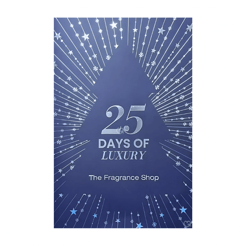 The Fragrance Shop Advent Calendar 2025 in festive blue box with 25 luxury mini perfumes and a gift voucher.