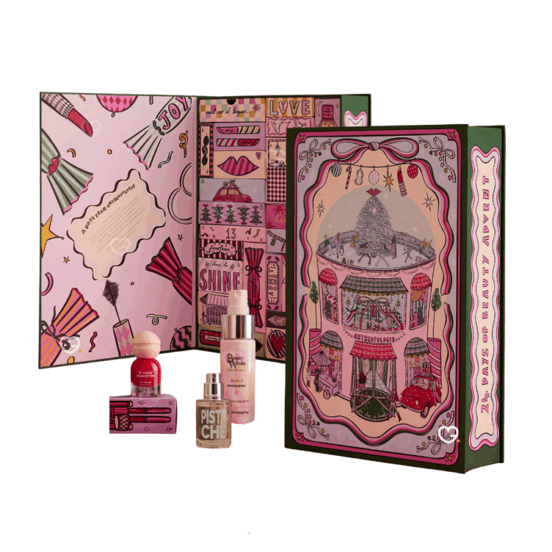 Anthropologie Advent Calendar 2025 with 24 beauty treats, 11 full-sized skincare, fragrance and makeup gifts from brands like L’Occitane, Floral Street, Malin + Goetz, Natasha Denona and WonderSkin, perfect for beauty enthusiasts.