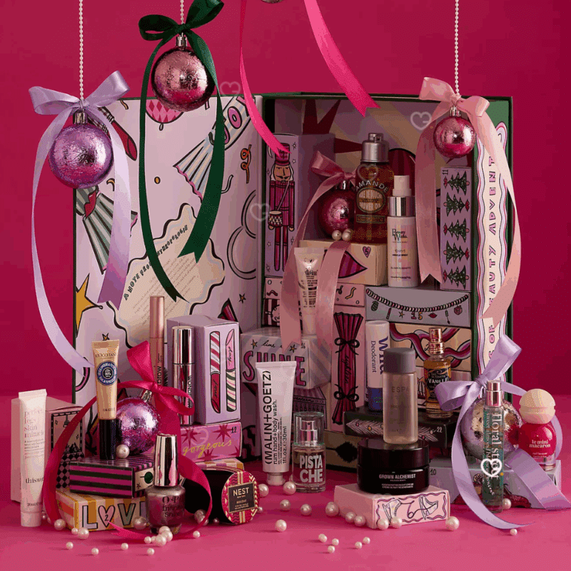 Anthropologie Advent Calendar 2025 with 24 beauty treats, 11 full-sized skincare, fragrance and makeup gifts from brands like L’Occitane, Floral Street, Malin + Goetz, Natasha Denona and WonderSkin, perfect for beauty enthusiasts.