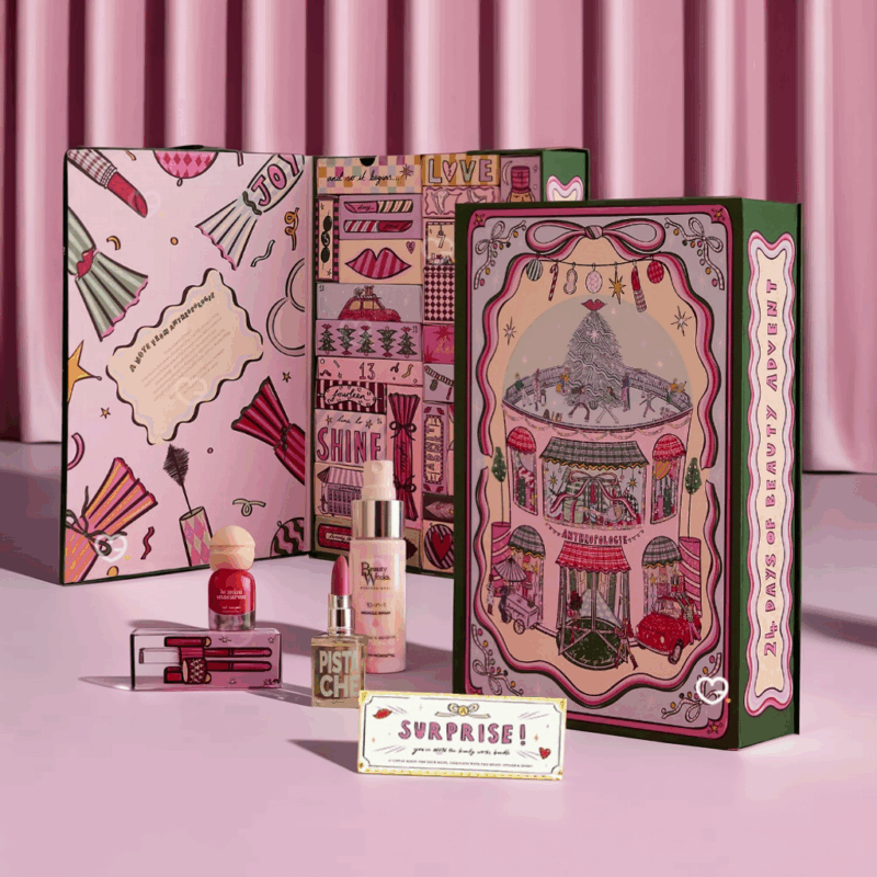 Anthropologie Advent Calendar 2025 with 24 beauty treats, 11 full-sized skincare, fragrance and makeup gifts from brands like L’Occitane, Floral Street, Malin + Goetz, Natasha Denona and WonderSkin, perfect for beauty enthusiasts.