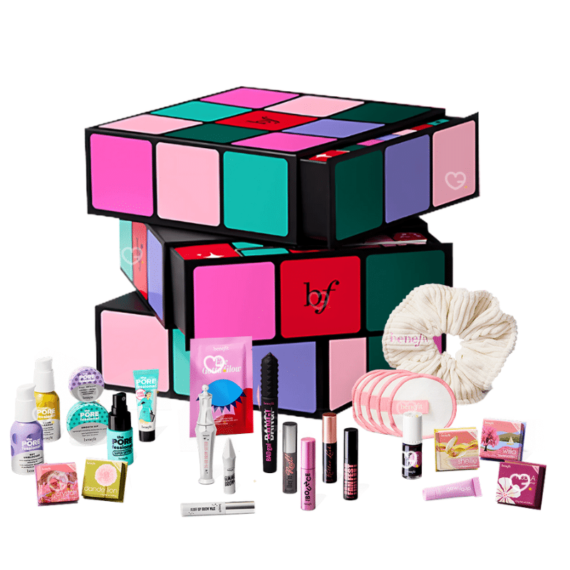 2025 benefit advent calendar filled with 24 beauty favorites like Bronzer, mascara, blush.. in a design box The Glam Cube