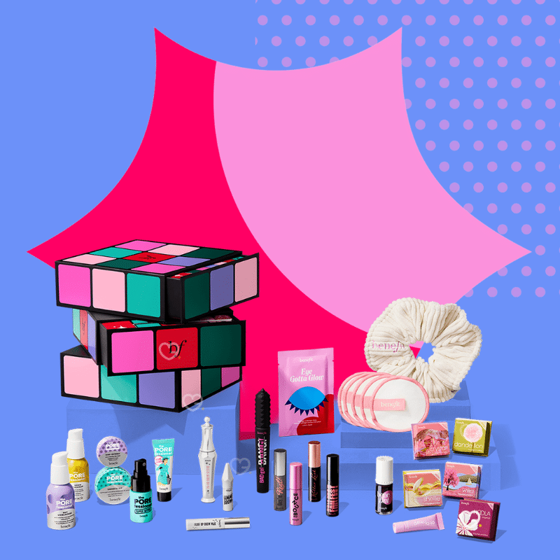 2025 benefit advent calendar filled with 24 beauty favorites like Bronzer, mascara, blush.. in a design box The Glam Cube