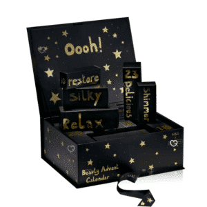 Marks & Spencer Advent Calendar 2025 contains 25 beauty products and is presented in a black box illustrated by Bella Freud.