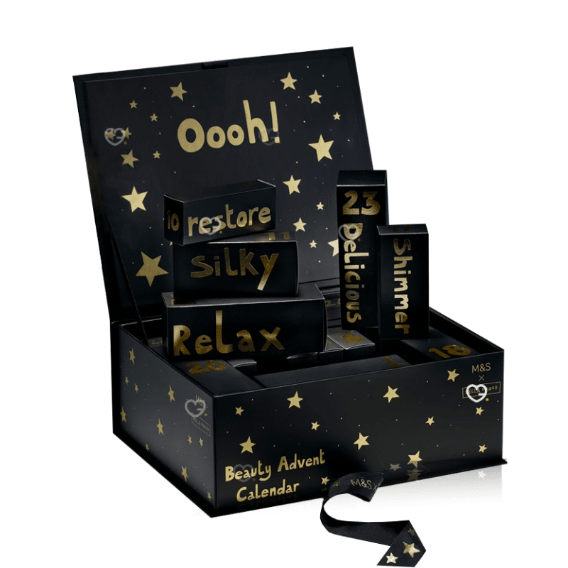 Marks & Spencer Advent Calendar 2025 contains 25 beauty products and is presented in a black box illustrated by Bella Freud.
