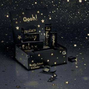 Marks & Spencer Advent Calendar 2025 contains 25 beauty products and is presented in a black box illustrated by Bella Freud.