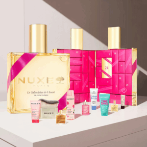 Nuxe 2025 Advent Calendar in the shape of a bottle with 24 premium beauty products, including face, body and hair care products, accessories and iconic oils for skincare enthusiasts.
