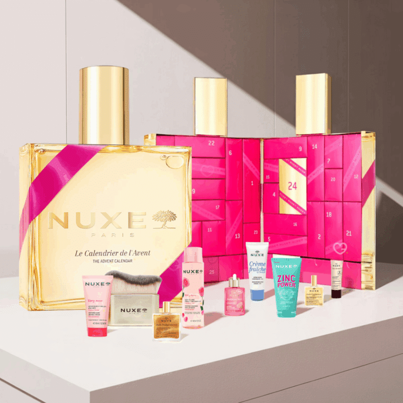 Nuxe 2025 Advent Calendar in the shape of a bottle with 24 premium beauty products, including face, body and hair care products, accessories and iconic oils for skincare enthusiasts.