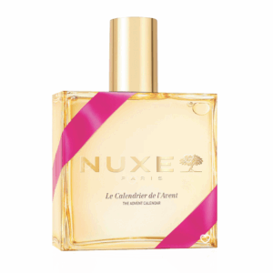 Nuxe 2025 Advent Calendar in the shape of a bottle with 24 premium beauty products, including face, body and hair care products, accessories and iconic oils for skincare enthusiasts.